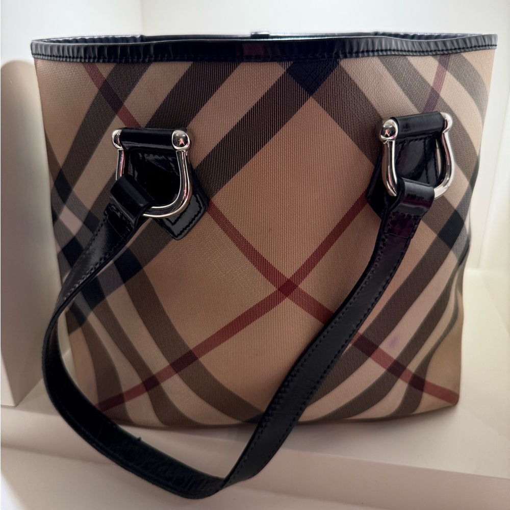Burberry Nova Check Shoulder Tote with Patent Handles